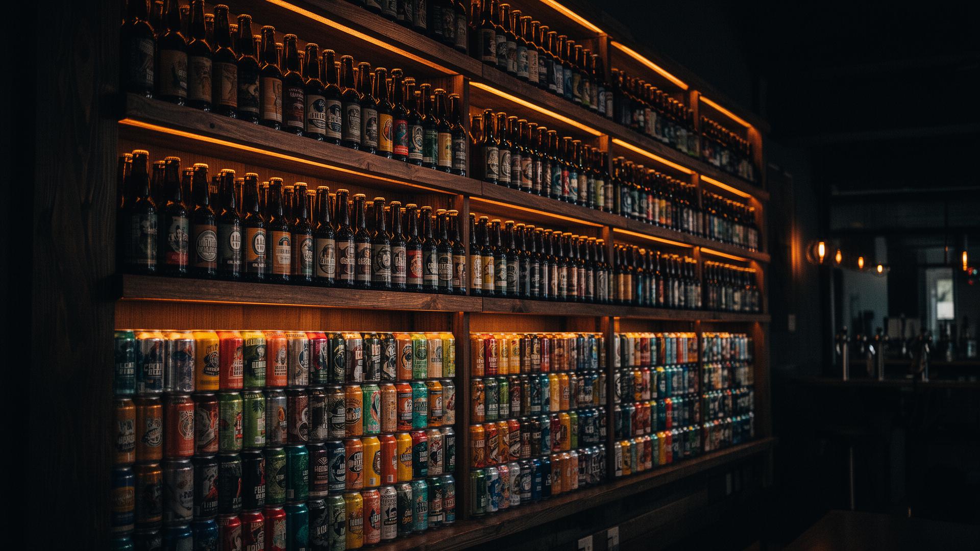 Wall of shelves stacked with hundreds of craft beer bottles and cans