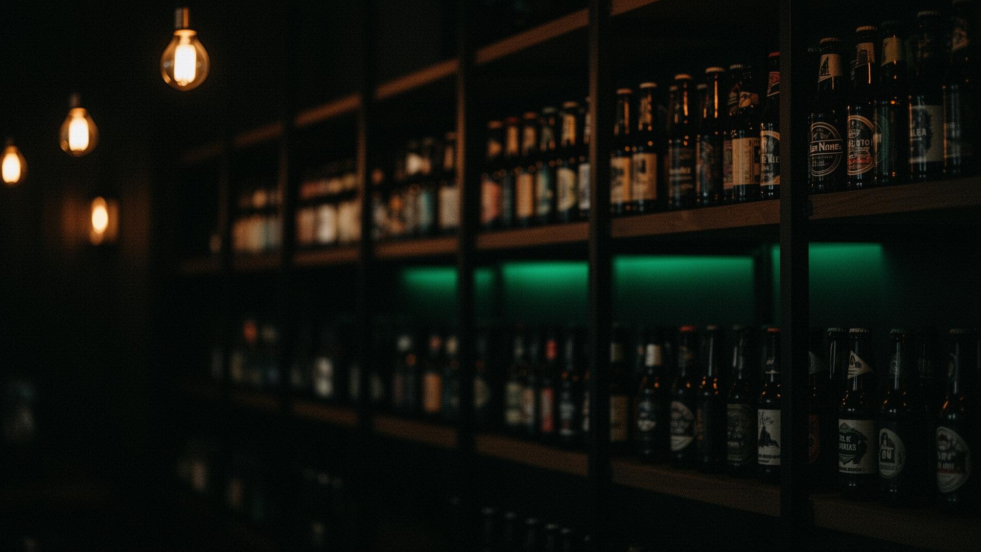 Dimly lit taproom shelves filled with craft beer bottles